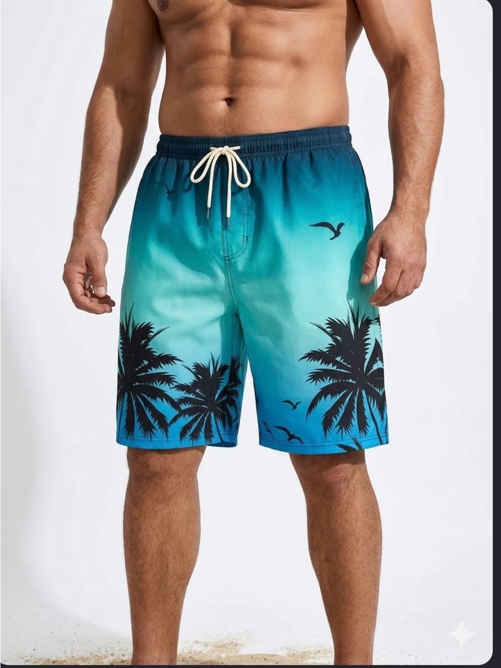 Men’s Ombre Blue Palm Tree Print Beach Shorts Swim Trunks XXL Tropical Resort